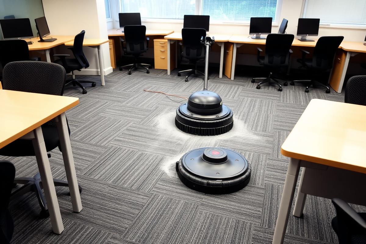 Commercial carpet tiles being cleaned in a small UK office
