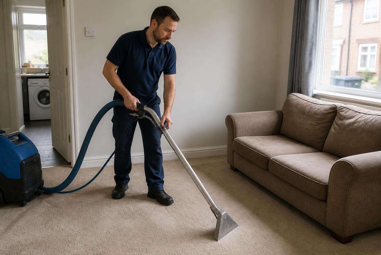 Carpet cleaning technician using a professional extraction machine on a carpet in a UK living room