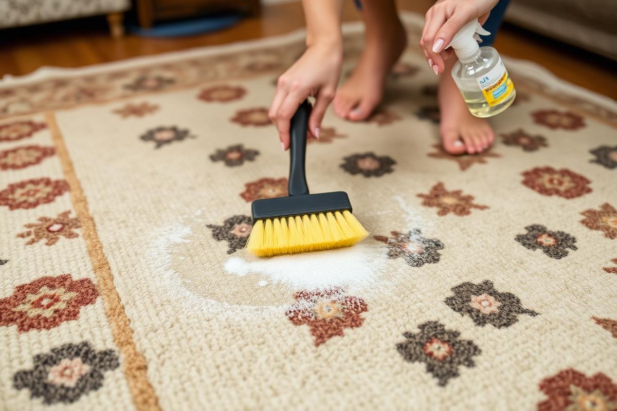 Patterned wool rug being cleaned with a soft brush and cleaning solution
