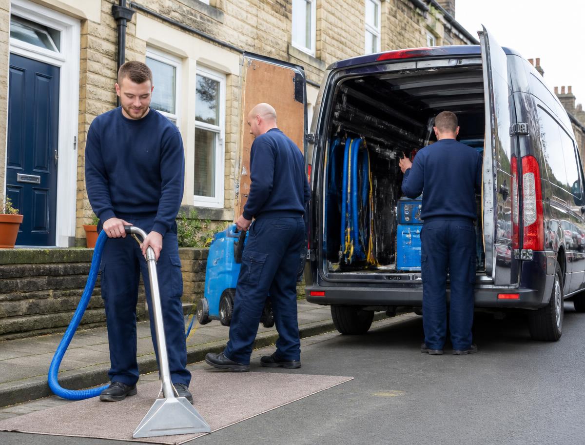 The Fresh Finish Carpet Care team with professional cleaning equipment outside a West Yorkshire home
