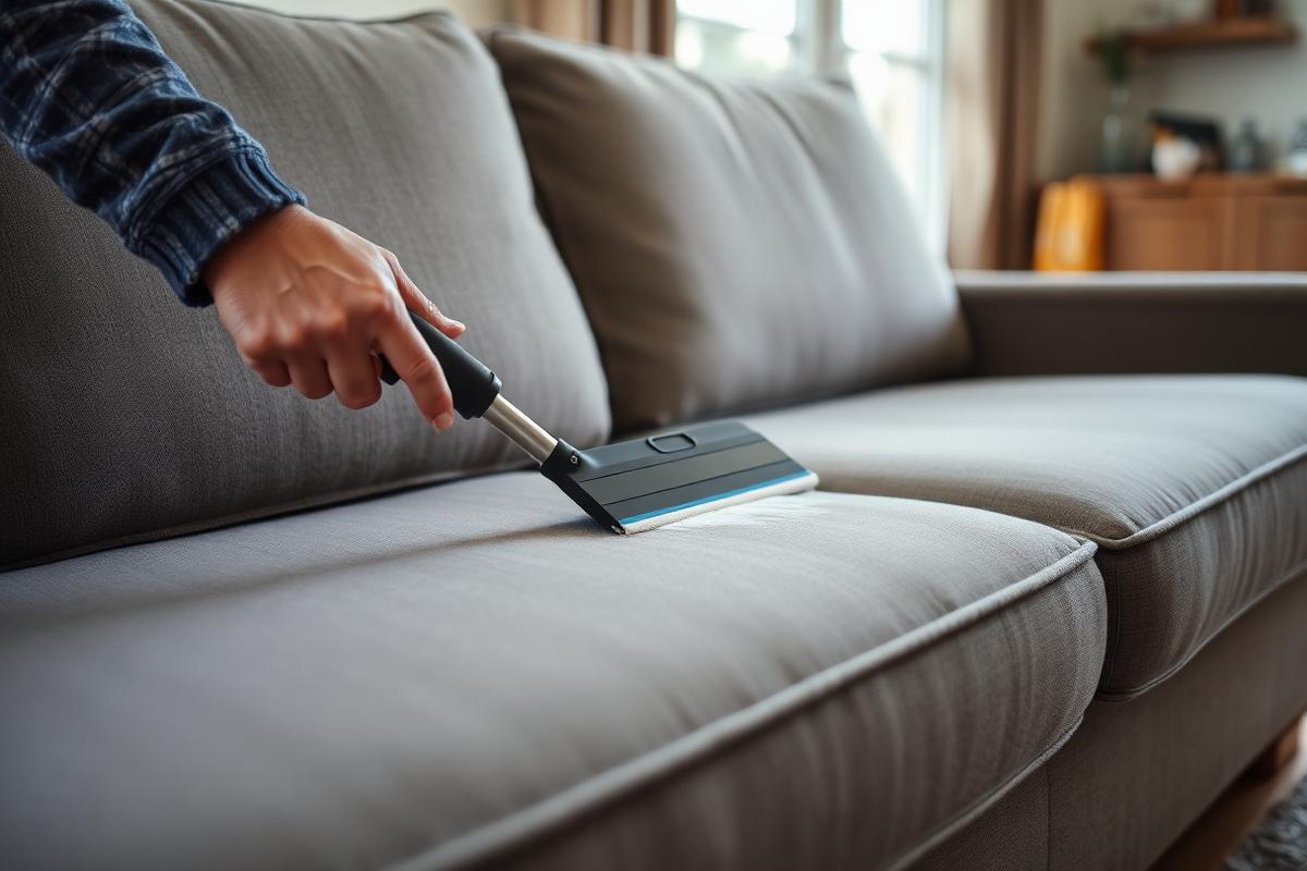 Grey fabric sofa being cleaned with an upholstery cleaning tool